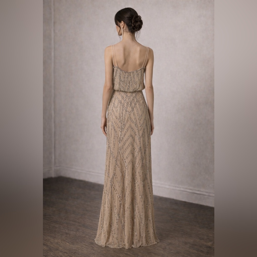 Adrianna Papell NWT SZ 4 Champagne Beaded Evening Gown Art Deco GALA MOB Formal - Picture 2 of 10